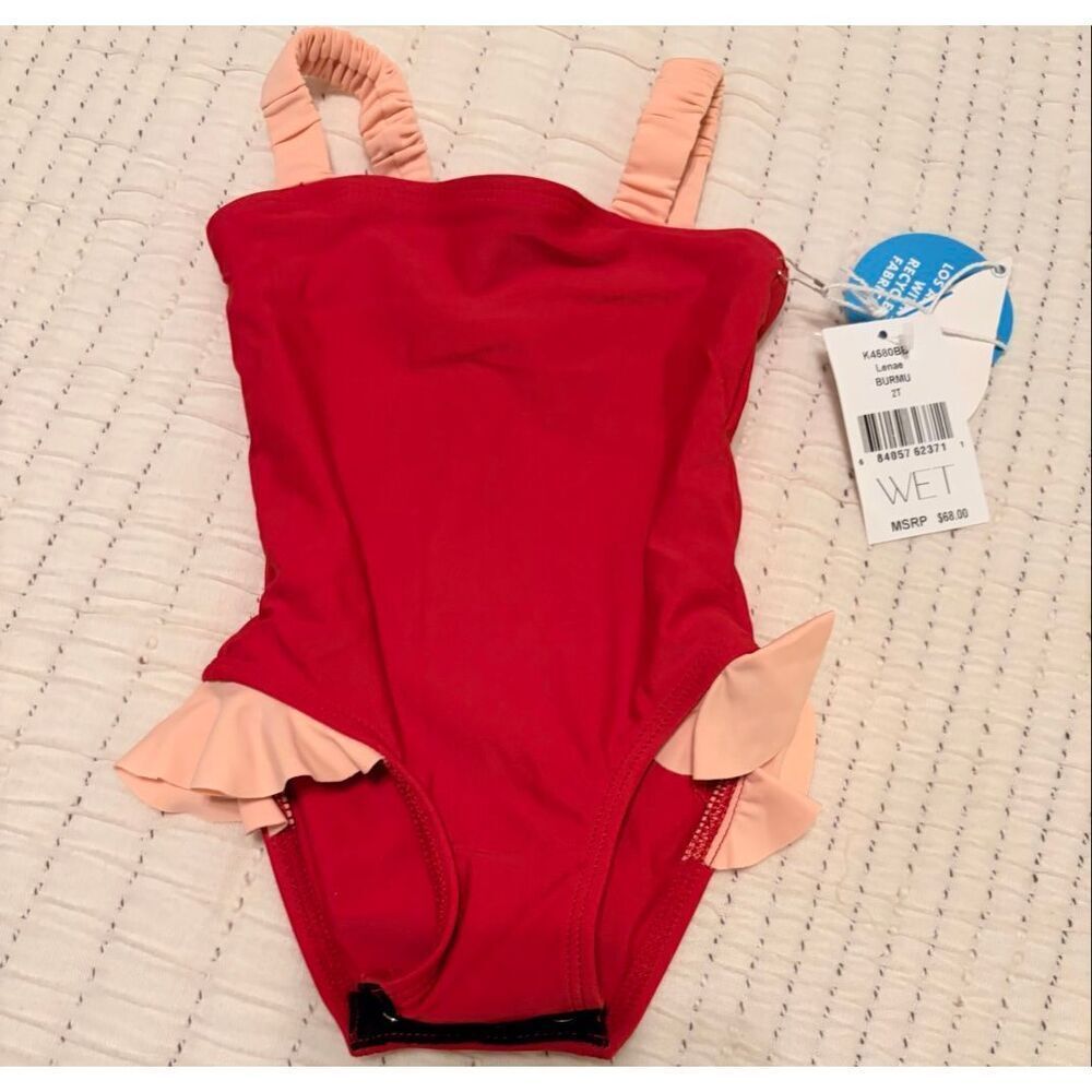 WET Kids Red One Piece Swimsuit Size 2T NWT Ruffle Trim Girls Swimwear NEW